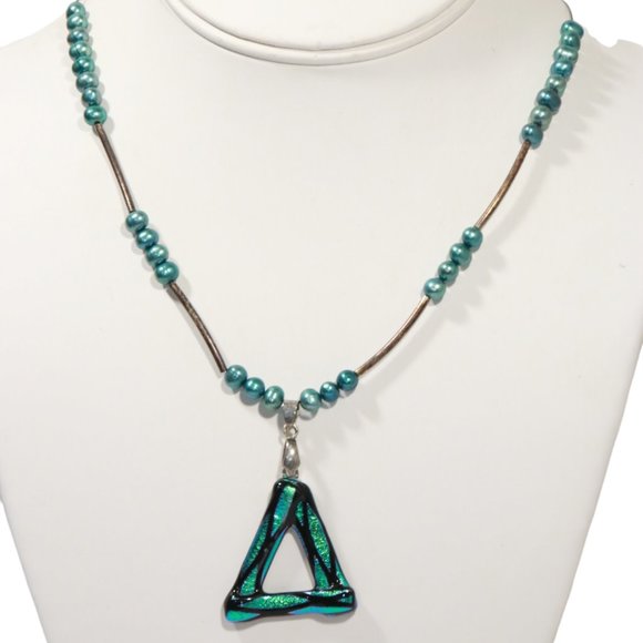 Jewelry - Blue Pearl Handblown Glass Pendant Handmade Necklace